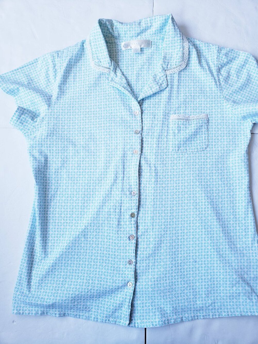 Eileen West Cotton Eyelett Lace Trim Cottagecore Short Sleeve Pajama Top